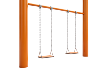 Orange metal playground swing set with two hanging seats suspended by silver chains, isolated on a transparent background