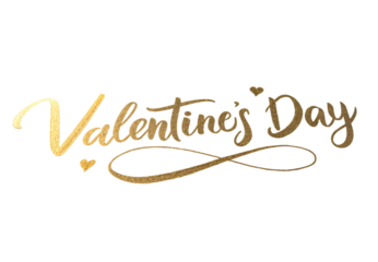 Valentines Day elegant gold script lettering with decorative hearts and flourish swirl embellishments, isolated on a transparent background