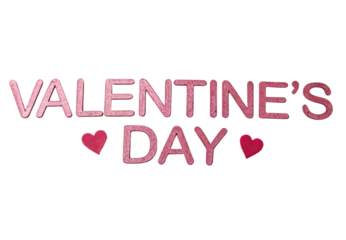 Valentines Day text in pink glitter letters with heart symbols in bold block typography, isolated on a transparent background