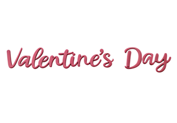 Valentines Day pink three-dimensional script lettering with glossy shiny finish and cursive font style, isolated on a transparent background