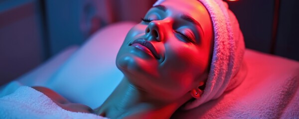 Woman with closed eyes relaxes at spa during led light therapy. Female patient getting pro facial skin rejuvenation with red photon lamp. Cosmetic skincare procedure for anti aging in modern