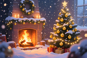 Cozy Christmas Interior with Sparkling Tree, Roaring Fireplace, and Indoor Snow