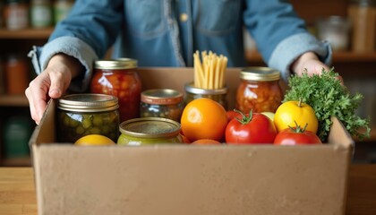 Person packs box with groceries including canned goods pasta tomatoes oranges and greens for food bank donation. Volunteers help community members with essential food supplies.