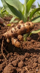 Fresh Turmeric Root Harvested from Soil in Organic Farm Close-Up