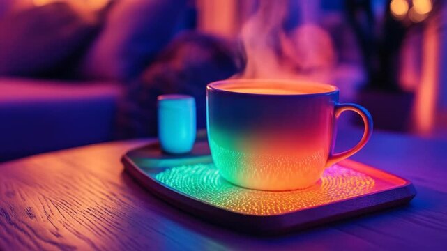 Steaming neon-lit mug on a glowing patterned tray, vibrant colors, futuristic ambiance