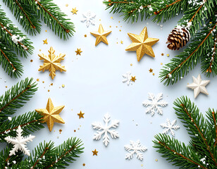 Minimalist Christmas Holiday Background with Pine Branches and Golden Stars