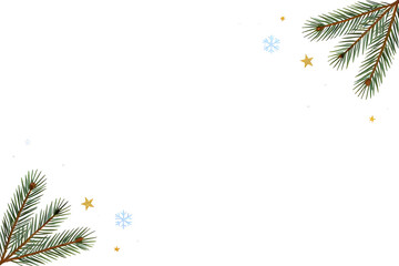 Minimalist Christmas Holiday Background with Pine Branches and Golden Stars