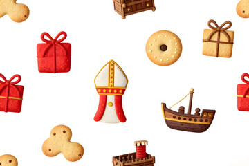 Seamless Pattern with Sinterklaas, Ship, Cookie, and Candy Cane Elements
