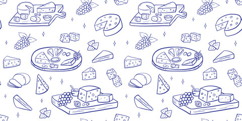 Obraz na płótnie Canvas Seamless pattern with cheese platter in doodle style with various gourmet pieces. Line art illustrations, camembert, cheddar, grapes on charcuterie board on white background