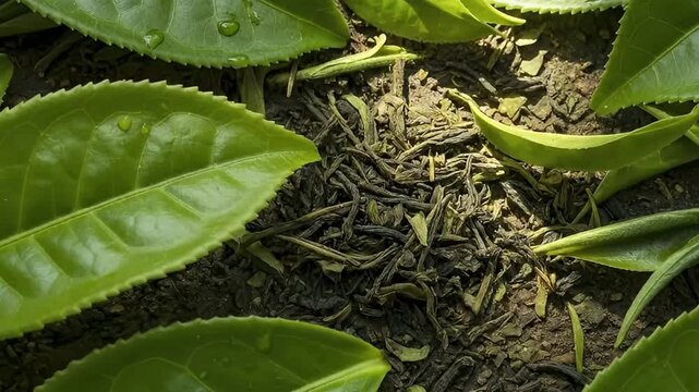 A vibrant close-up displays fresh, dewy green leaves, possibly from a tea plant, gracefully scattered around a central mound of dried, dark tea leaves. Sparkling water droplets cling to the rich folia