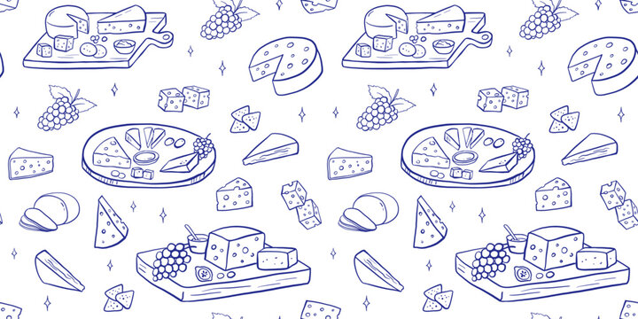 Seamless pattern with cheese platter in doodle style with various gourmet pieces. Line art illustrations, camembert, cheddar, grapes on charcuterie board on white background