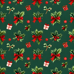 Seamless Christmas Holiday Pattern with Holly Leaves, Berries, and Gift Boxes