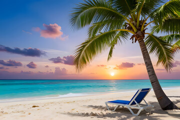 Tropical Beach Sunset with Lounger Under Palm Tree and Turquoise Ocean