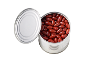 Metal tin can filled with dark red kidney beans with lid removed beside it, isolated on a transparent background