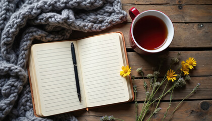 Cozy workspace flat lay displays open notebook with pen. Hot tea in red mug. Flowers and gray knitted scarf on wooden table inspire creative work.