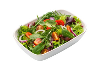 Fresh mixed green salad with cherry tomatoes, arugula, onions, and herbs in white bowl, isolated on a transparent background