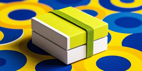 mockup of a two-piece rigid box (clean white) with a thin, neon green elastic band wrapped around it