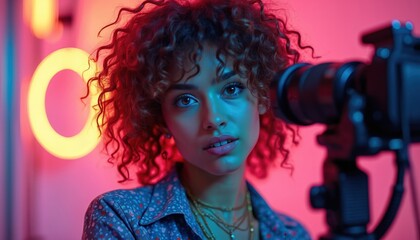 Young curly woman vlogger records video on camera in neon light studio. Female influencer creates online content for social media. Brunette girl live streaming for blog channel with pro equipment,
