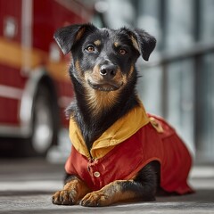 Adorable mixed breed dog in firefighter jacket sits patiently near fire truck, ready for duty with hopeful eyes