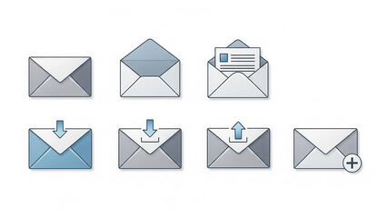Collection of various email communication icons in modern flat design with outline and filled