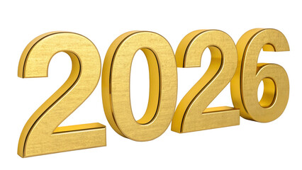 Glossy Gold 3 D Numbers 2026 Rendering isolated on a transparent background