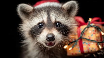 Obraz premium Charming raccoon cub with a cheerful smile welcomes the holiday spirit. Clean retouch. Raccoon's cheerful grin and santa cuteness on a charming christmas card. Product showcase.
