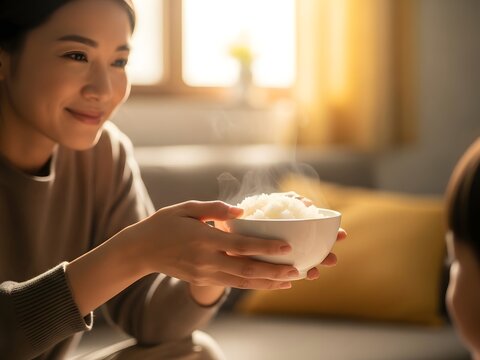 Woman offering bowl of cooked rice steam rising in warm indoor light