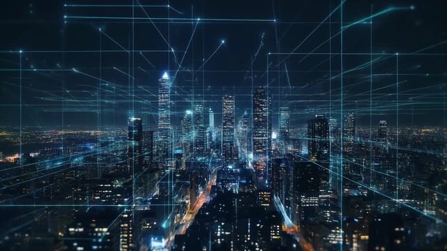 Visualizing a futuristic smart city backbone network at nighttime with luminous paths and nodes