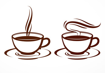 Obraz premium A set of two hand-drawn vector cups with a hot drink. These cup designs are perfect for printing tea or coffee products.