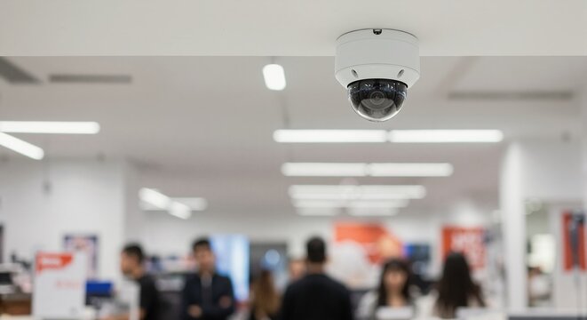 Dome security camera on ceiling monitors busy public space. CCTV surveillance system for safety and protection in modern business environment