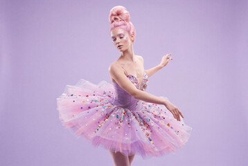 A graceful ballerina with fantastic pink hair dances in a tutu decorated with sweets, evoking the Sugar Plum Fairy or a candy fantasy concept.