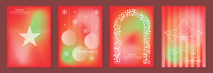 Fototapeta premium Merry Christmas and Happy New Year vector greeting card set with gradient background snowflake and tree elements. Festive modern design for holiday poster banner invitation and background.