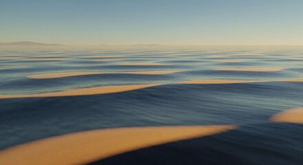 Abstract background of ocean waves at sunset or sunrise. Golden light on deep blue water surface. Tranquil seascape with rhythmic patterns and copy space