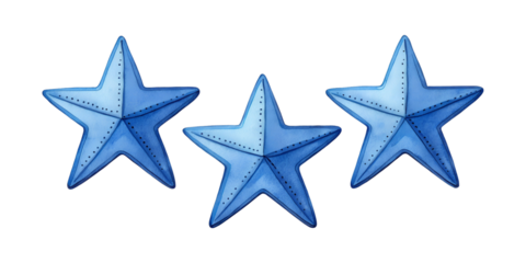 Three blue stars with stitching details isolated on transparent background