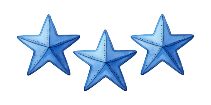 Three blue stars with stitching details isolated on transparent background - Powered by Adobe