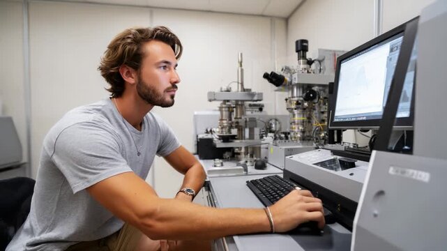 Focused Young Man Analyzing Data on Computer in Modern Laboratory Setting with Advanced Scientific Equipment and Technology for Research Purposes
