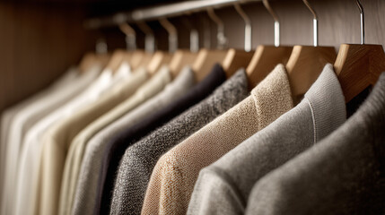 Obraz premium Ai different colors of sweaters hanging on hangers in a closet
