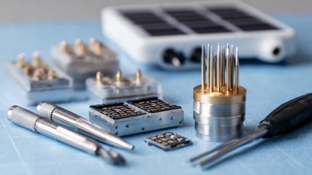 Detailed Close-Up of Precision Tools and Electronic Components on a Workspace, Featuring Soldering Instruments and Modular Connectors for Technical Applications