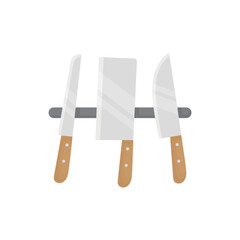 Three kitchen knives on a magnetic stand on a white background. Kitchen elements. Cooking tools.
