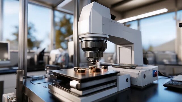 Advanced Laboratory Microscope Analyzing Micro Components on a Precision Stage in a Modern Research Facility with Illuminated Work Environment