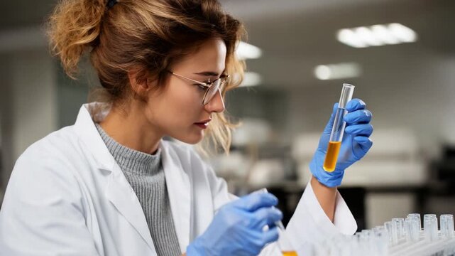 A focused laboratory technician meticulously analyzing test tubes filled with colorful liquids, exhibiting precision and expertise in a scientific research environment.