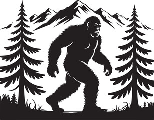 Fototapeta premium Bigfoot walking through forest with mountains