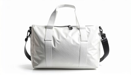 Minimalist white duffel bag with short handles and black adjustable shoulder strap on white background.