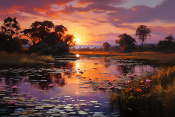 Sunset on Calm Sea with Warm Impressionist Colors