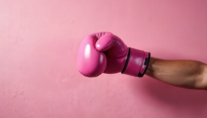 Pink boxing glove is about to hit pink wall. Arm extends with a vibrant color glove ready to punch. Concept of sport, fitness. Idea of competition or challenge.
