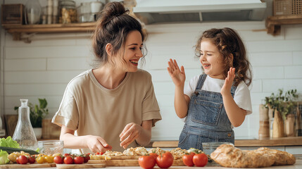 Minimal and bright kitchen, mother in a beige t-shirt arranging snacks, daughter in denim overalls clapping with joy.