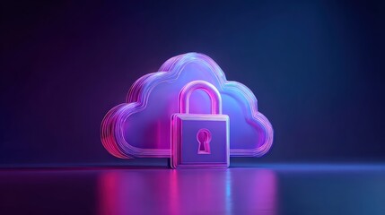 A futuristic cloud icon with a padlock symbolizes digital security and data protection in vibrant neon colors against a dark background.