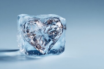 a heart cut diamond gem frozen in a cube of ice on a light blue background. Love and jewelry concept.