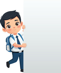 Curious School Boy Student with Backpack peeking from side