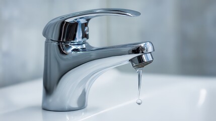 Chrome Faucet Dripping Water into White Sink with Blurred Background